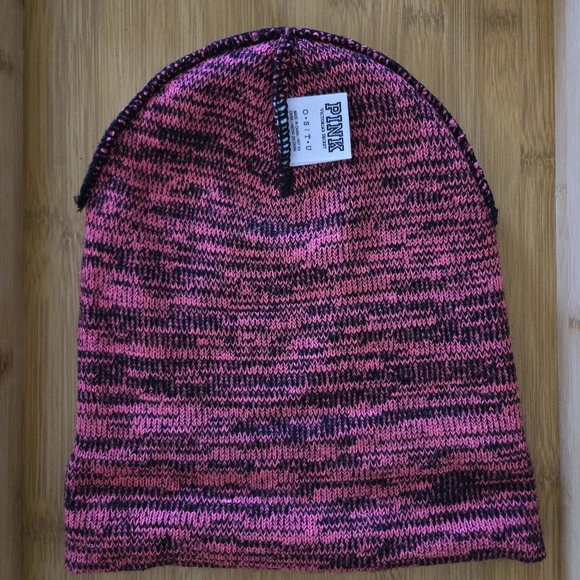 Victoria's Secret PINK Beanie Hat Pink & Black Knit OS Stretch Ribbed Winter Cap - Picture 5 of 7